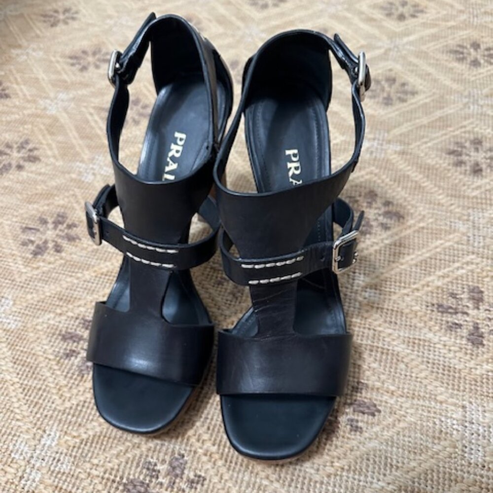 Prada Black Leather Platform Wood Heel Sandal